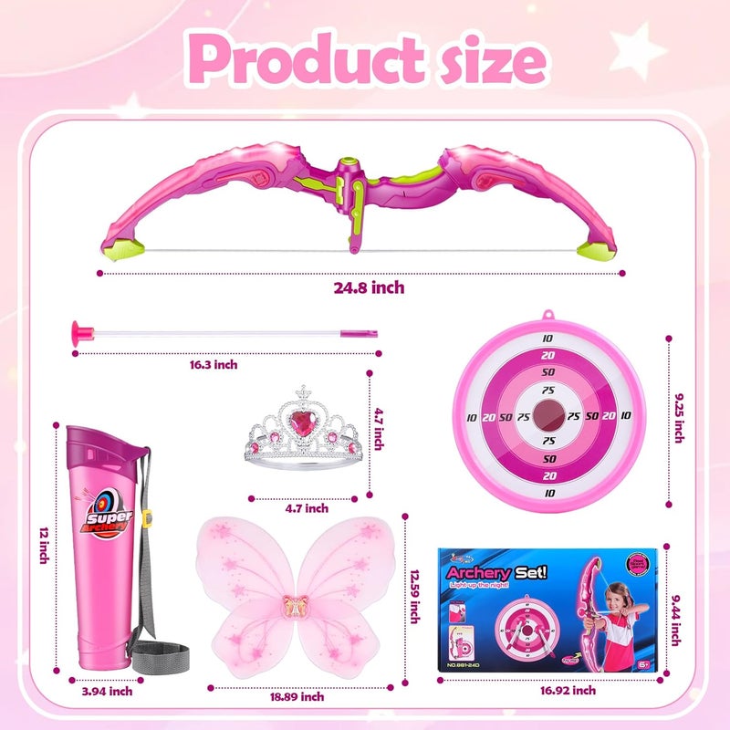 OWNONE Pink Bow and Arrow Set for Girls, LED Light Up Archery Set with 10 Suction Cup Arrows, Target, Fairy Wings & Princess Crown, Birthday Gift Outdoor Toys for Kids Girls Ages 3-12 - Image 3